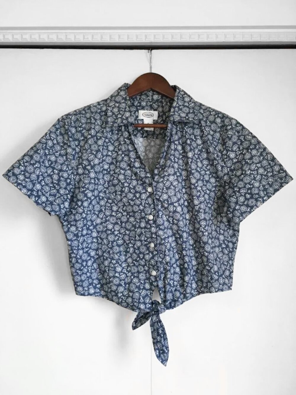Vintage Talbots Navy White Floral Cotton Tie Waist Button Up Shirt Top M